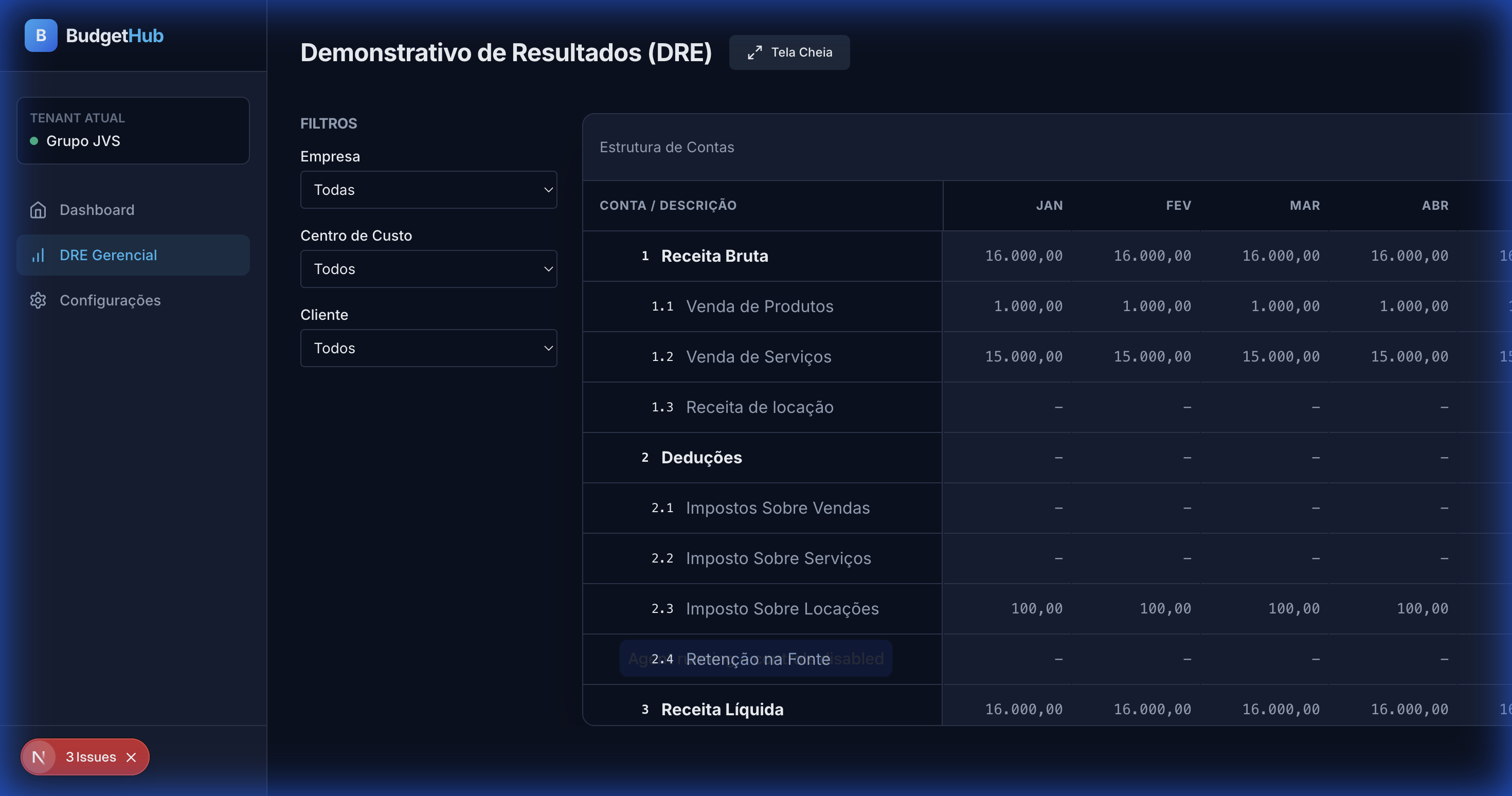 Painel DRE do BudgetHub